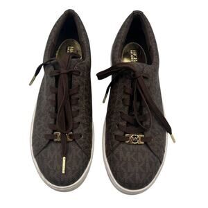 Michael Kors Keaton MK Signature Logo Coated Canvas Sneakers Brown Size 7.5M